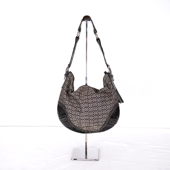 Coach Y2K Signature Hobo Shoulder Bag Small C Logo Gray w/ Black Leather F02158 - Picture 1 of 10
